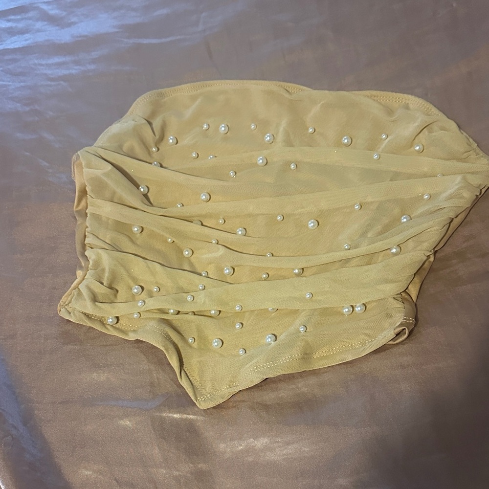 SHEIN Yellow Pearl Embellished Crop Top